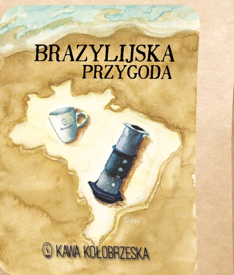 etykieta kawy Brazylijska Przygoda: mapa Brazylii z filiżanką i AeroPressem